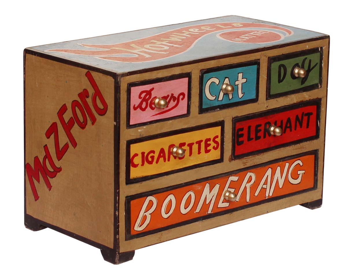 Bulk Wholesale Hand-Crafted 12” Wooden Box with 6 Chest Drawers & ‘Hot Wheels’ and more Written on it – Decorative Box for Jewelry / Kitchen