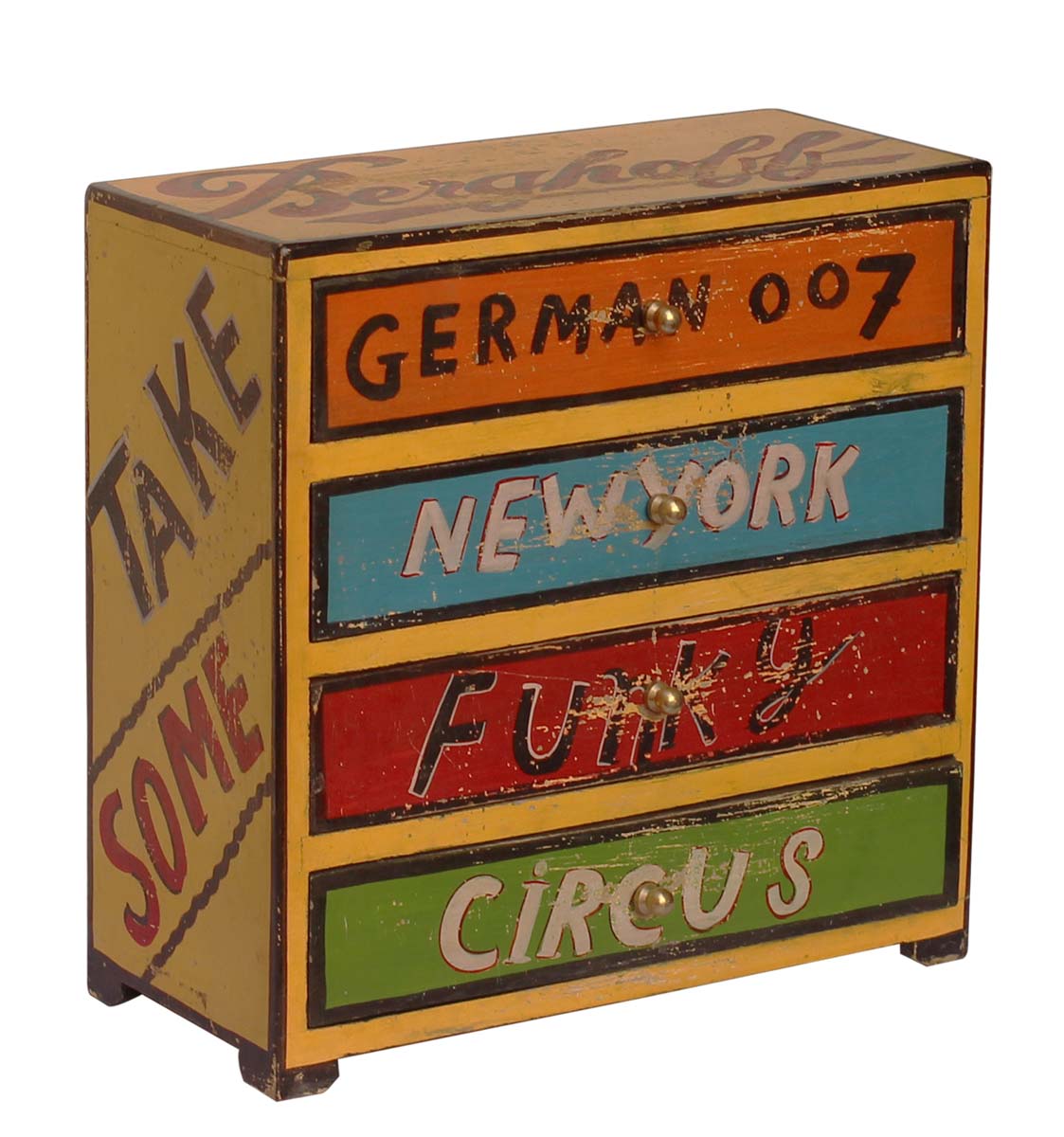 Bulk Wholesale Hand-Carved 11.5” Wooden Box with 4 Chest Drawers & ‘Berghoff’ and more Written on it – Decorative Box for Jewelry / Kitchen
