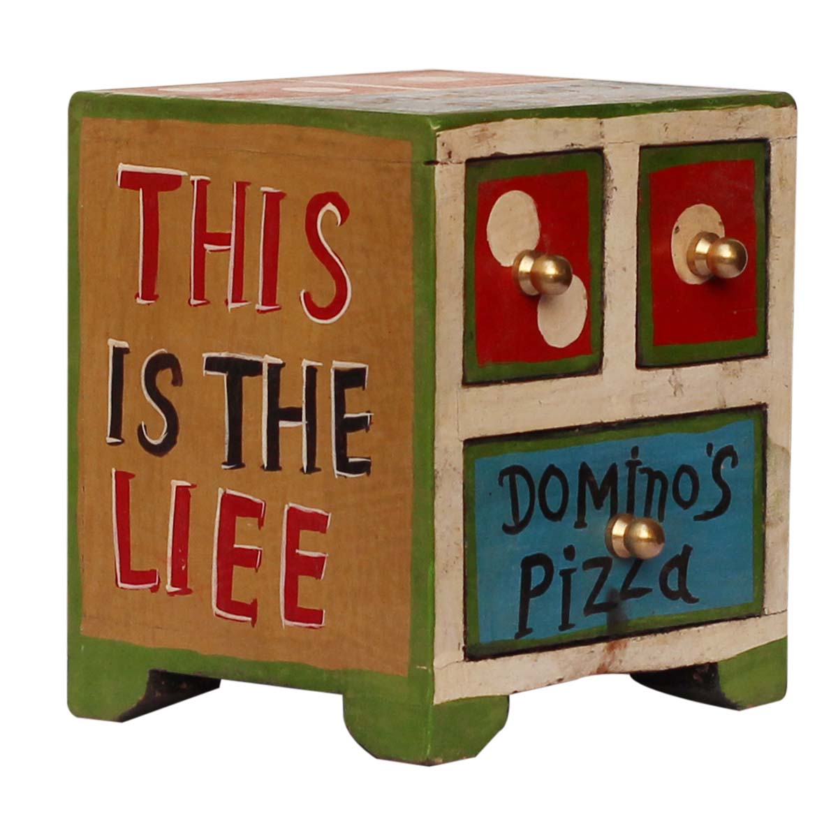 Bulk Wholesale Hand-Crafted 5” Wooden Box with 3 Chest Drawers & ‘Dominos Pizza’ Written on it – Decorative Box for Jewelry / Kitchen