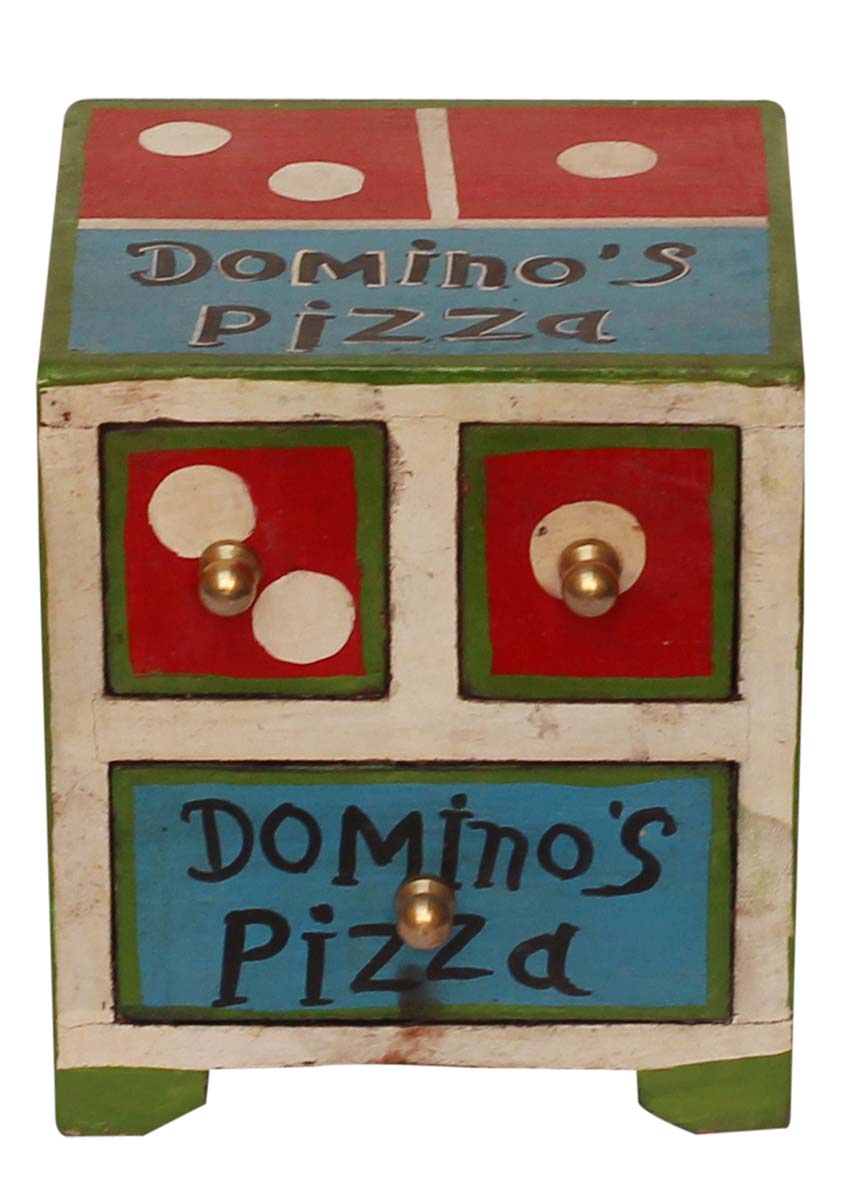 Bulk Wholesale Hand-Crafted 5” Wooden Box with 3 Chest Drawers & ‘Dominos Pizza’ Written on it – Decorative Box for Jewelry / Kitchen