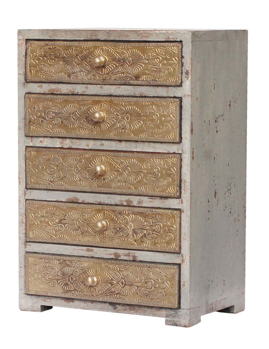 Wholesale 11” Wooden Jewelry Box in Bulk - Source Hand-Crafted Wooden Jewelry Box/Trinket Box in Gray with 5 Golden Chest Drawers Decorated with Embossed Brass Sheets from India