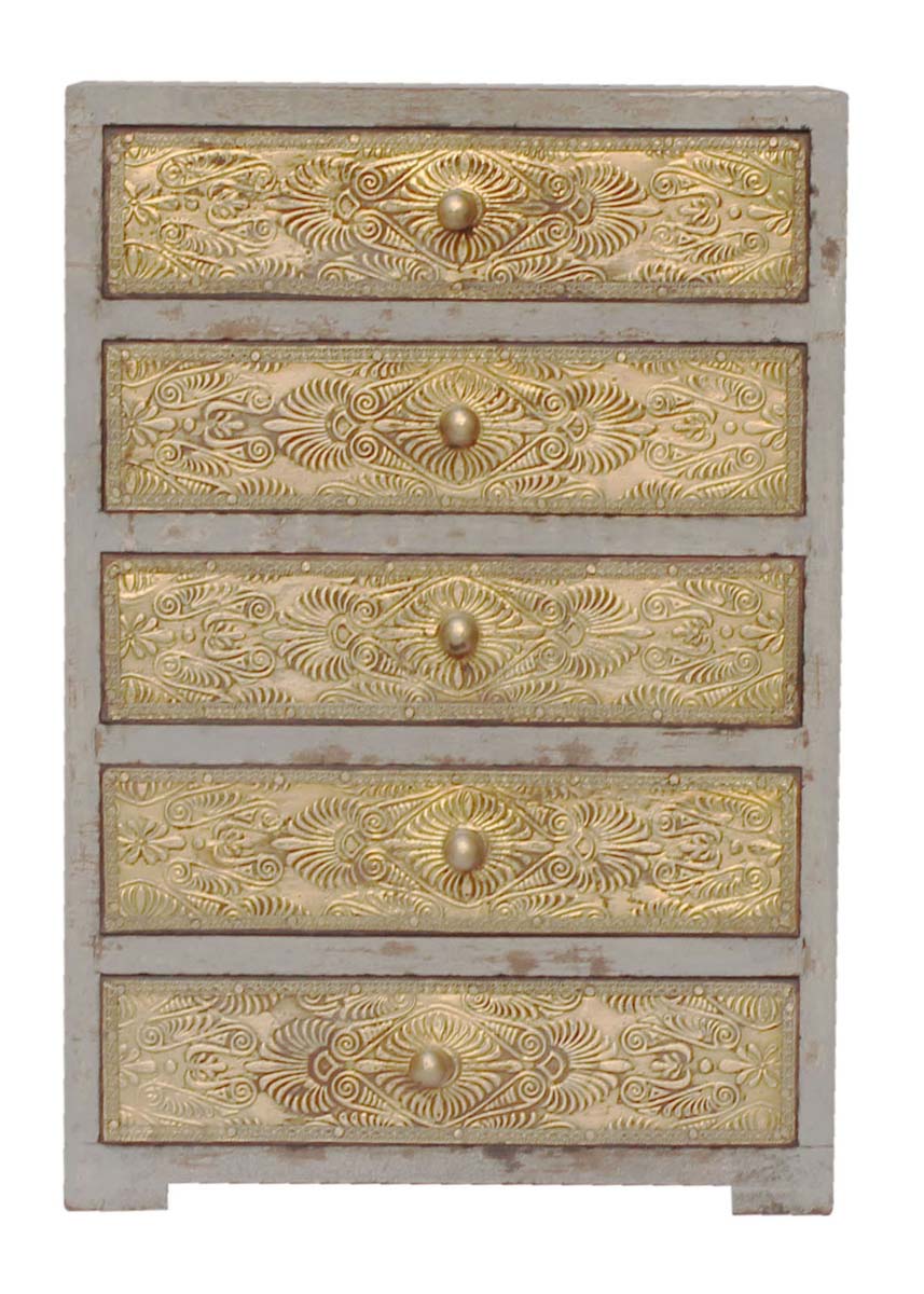 Wholesale 11” Wooden Jewelry Box in Bulk - Source Hand-Crafted Wooden Jewelry Box/Trinket Box in Gray with 5 Golden Chest Drawers Decorated with Embossed Brass Sheets from India