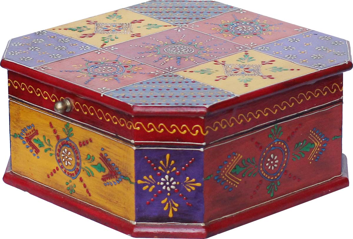 5.5” Wooden Set of 3 Jewelry Box in Bulk - Wholesale Handmade Jewelry Box/Trinket Box Decorated with Colorful Motifs in Cone-Painting Art from India