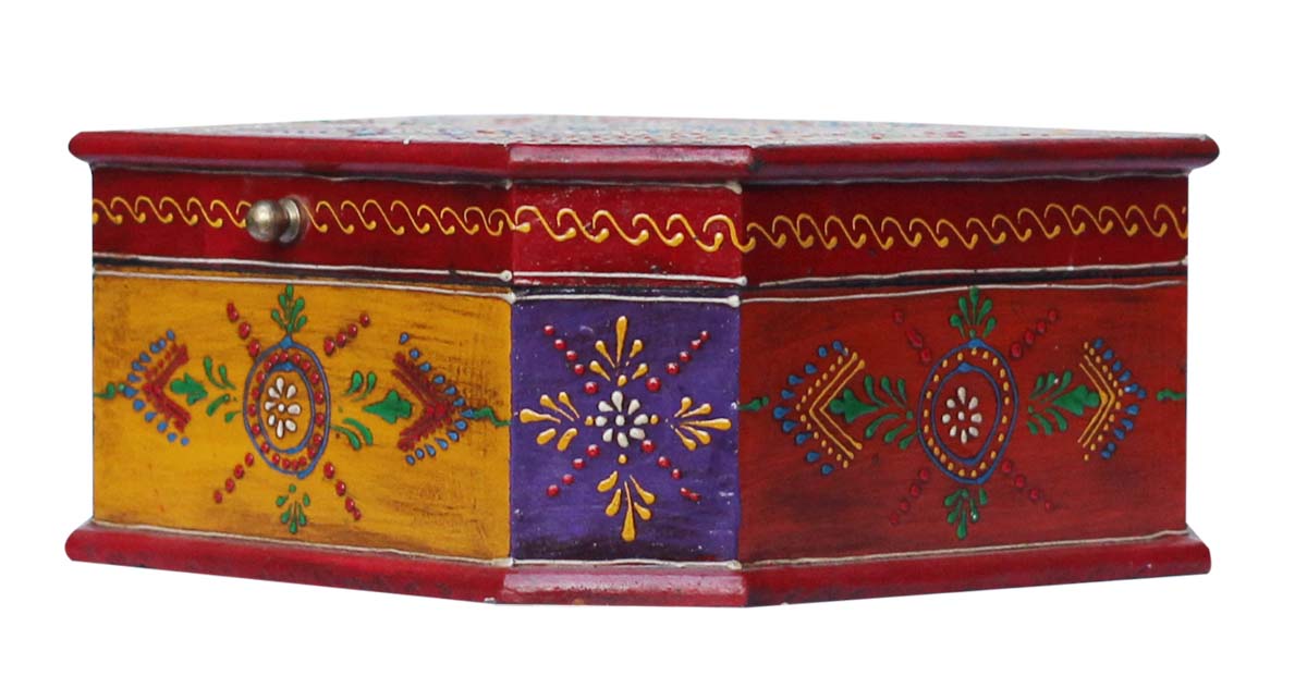 5.5” Wooden Set of 3 Jewelry Box in Bulk - Wholesale Handmade Jewelry Box/Trinket Box Decorated with Colorful Motifs in Cone-Painting Art from India
