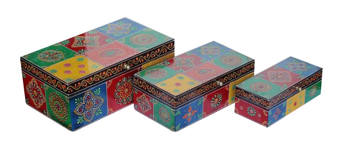 Bulk Buy Hand-Crafted Set of 3 Wooden Multicolor Jewelry Box - Wholesale Handmade Jewelry Box/Trinket Box Decorated with Colorful Motifs in Cone-Painting Art from India