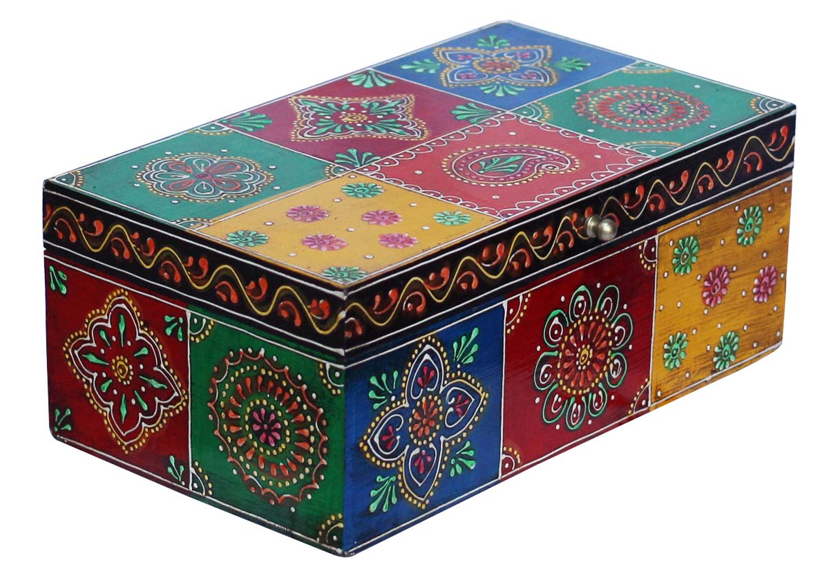 Bulk Buy Hand-Crafted Set of 3 Wooden Multicolor Jewelry Box - Wholesale Handmade Jewelry Box/Trinket Box Decorated with Colorful Motifs in Cone-Painting Art from India