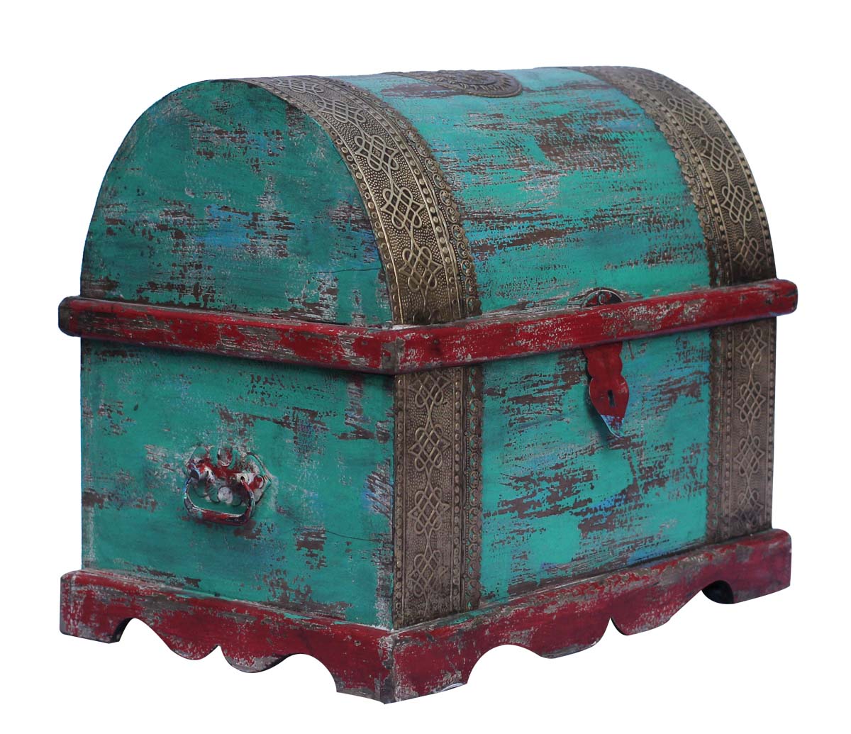 Source Hand-Crafted 18” Wooden Trunk-Shaped Jewelry Box in Bulk - Wholesale Handmade Jewelry Box/Trinket Box in Pastel Green, Red Color Decorated with Brass Work from India