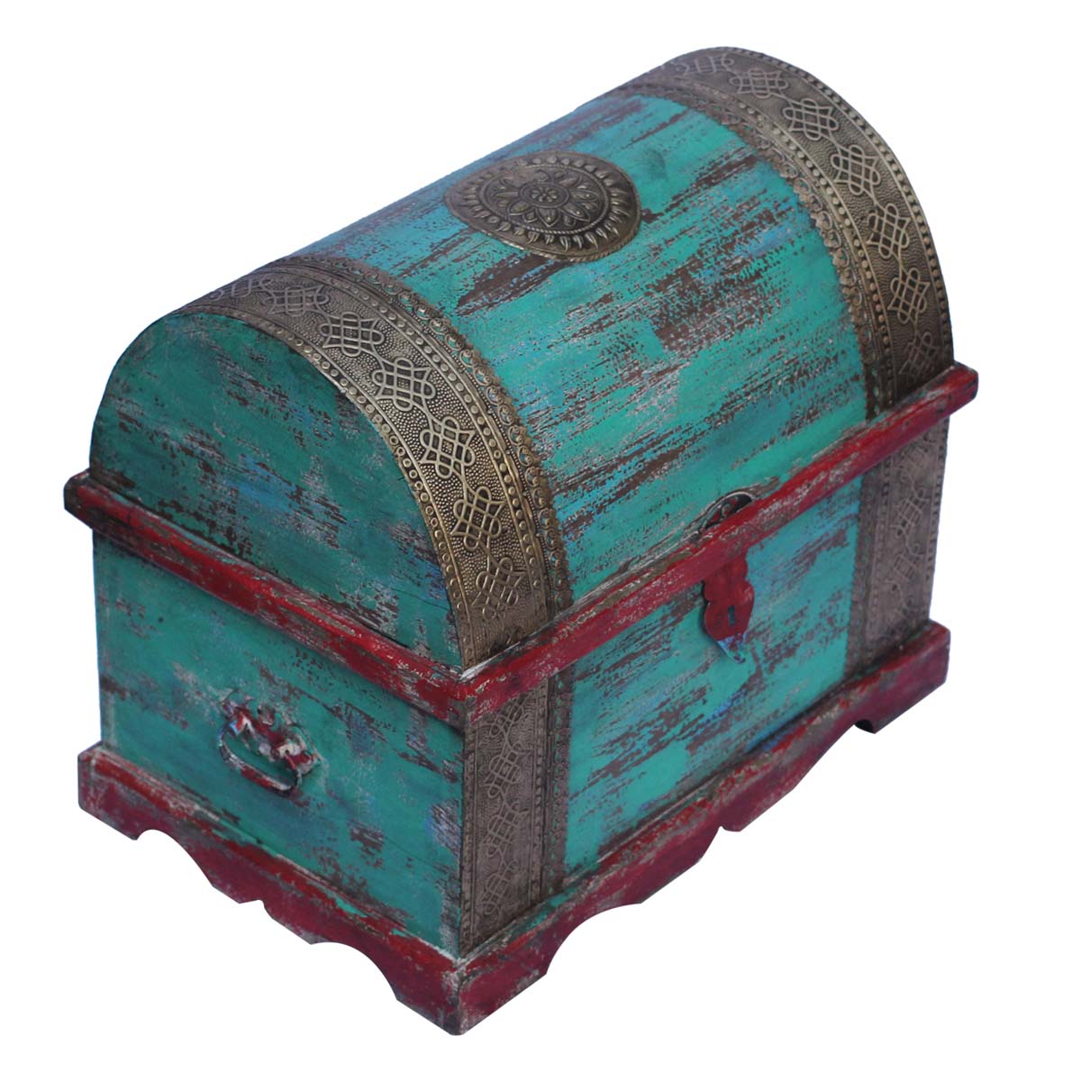 Source Hand-Crafted 18” Wooden Trunk-Shaped Jewelry Box in Bulk - Wholesale Handmade Jewelry Box/Trinket Box in Pastel Green, Red Color Decorated with Brass Work from India