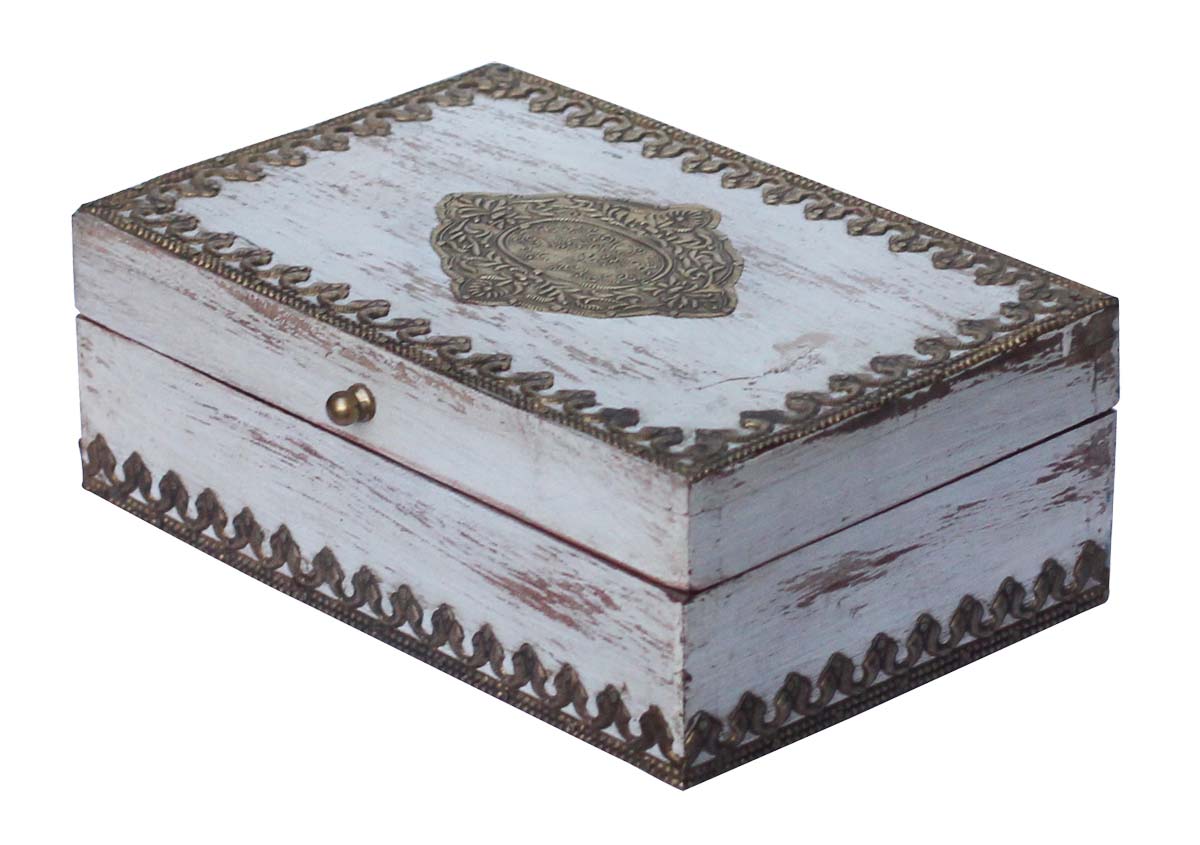 Wholesale 10x6.5” Wooden Black Jewelry Box in Bulk - Source Handmade Rectangular Jewelry Box/Trinket Box in Distressed White Decorated with Brass Inlay Work from India