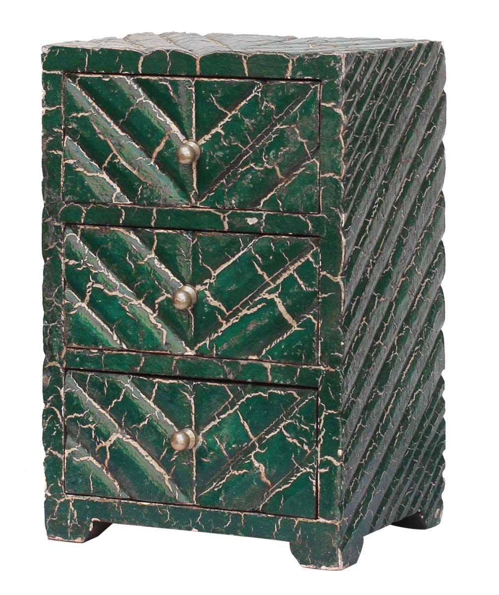 Hand-Crafted 10” Wooden Jewelry Box in Bulk - Wholesale Handmade Jewelry Box/Trinket Box in Dark-Green with 3 Golden Chest Drawers Decorated with Crackled Effect and Golden Knobs from India