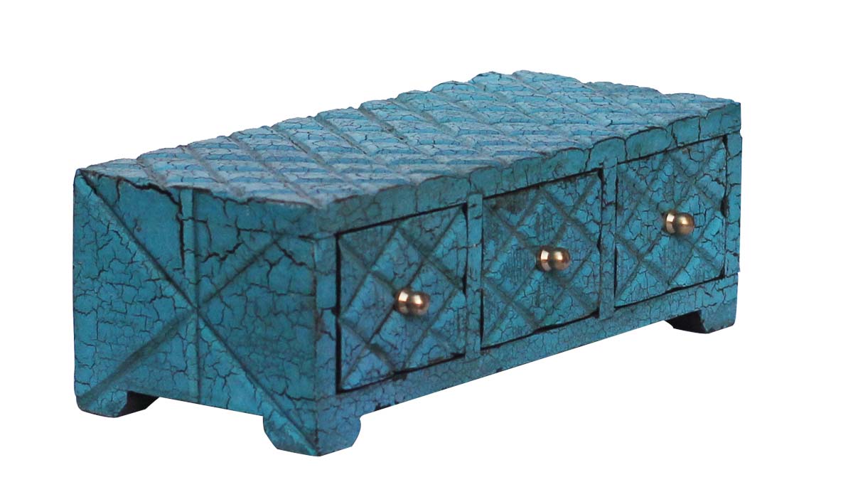 Bulk Buy Wooden Black Jewelry Box - Wholesale Hand-Crafted 12” Jewelry Box/Trinket Box in Sky - Blue Color with 3 Golden Chest Drawers Decorated with Crackled Effect and Golden Knobs from India