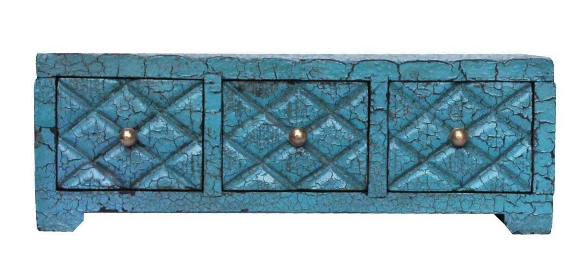 Bulk Buy Wooden Black Jewelry Box - Wholesale Hand-Crafted 12” Jewelry Box/Trinket Box in Sky - Blue Color with 3 Golden Chest Drawers Decorated with Crackled Effect and Golden Knobs from India