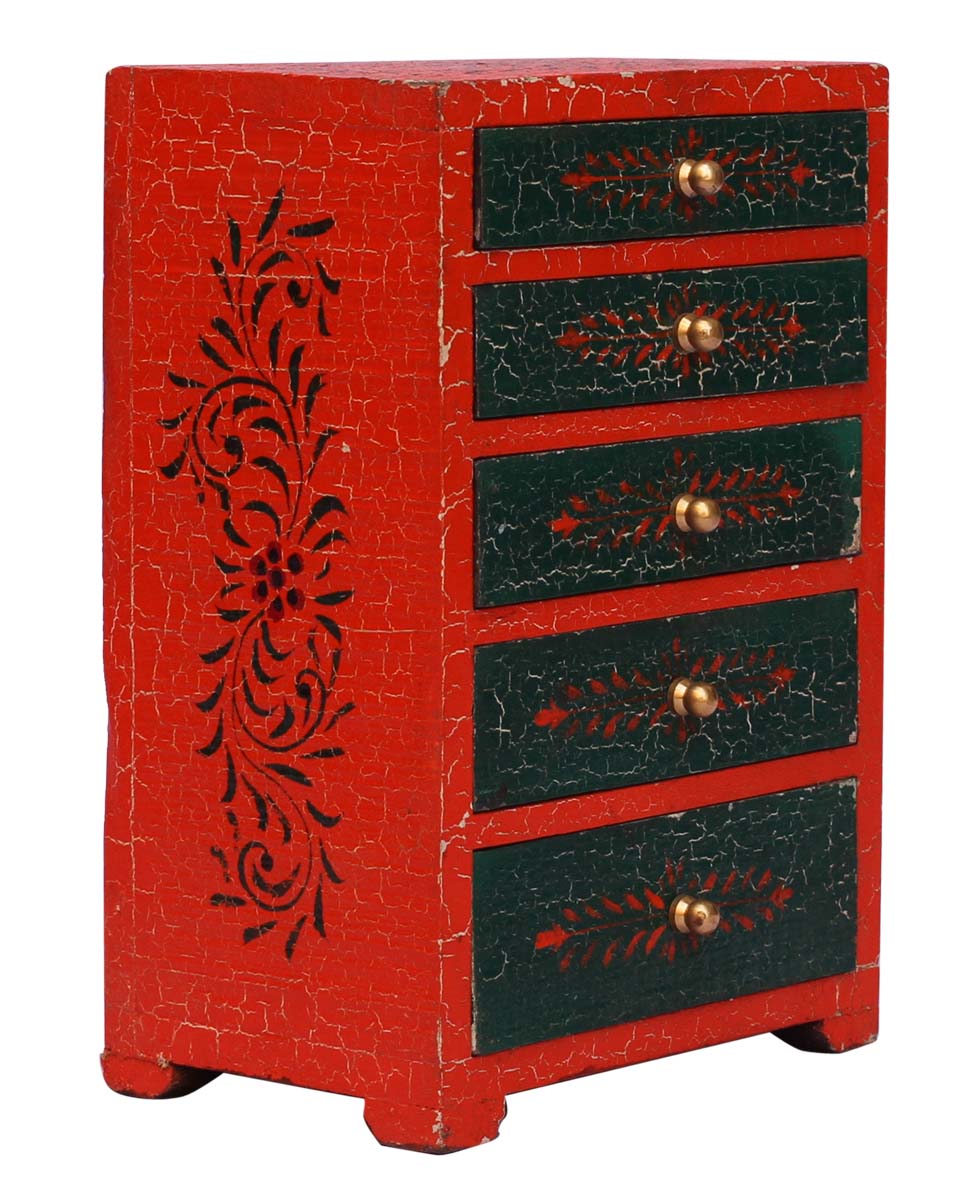 Source 11” Wooden Black Jewelry Box in Bulk - Wholesale Hand-Crafted Jewelry Box/Trinket Box in Orange & Green Color with 5 Golden Chest Drawers Decorated with Crackled Effect and Golden Knobs from India