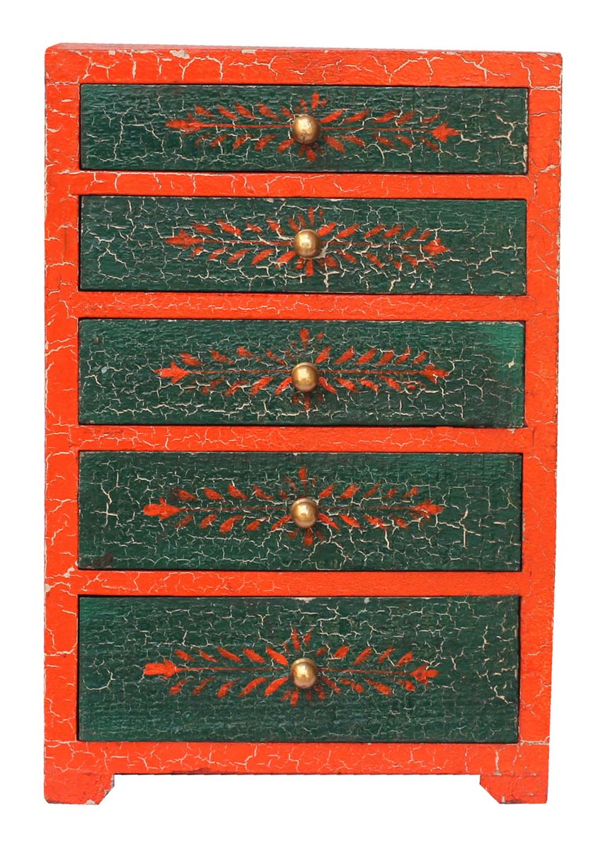 Source 11” Wooden Black Jewelry Box in Bulk - Wholesale Hand-Crafted Jewelry Box/Trinket Box in Orange & Green Color with 5 Golden Chest Drawers Decorated with Crackled Effect and Golden Knobs from India