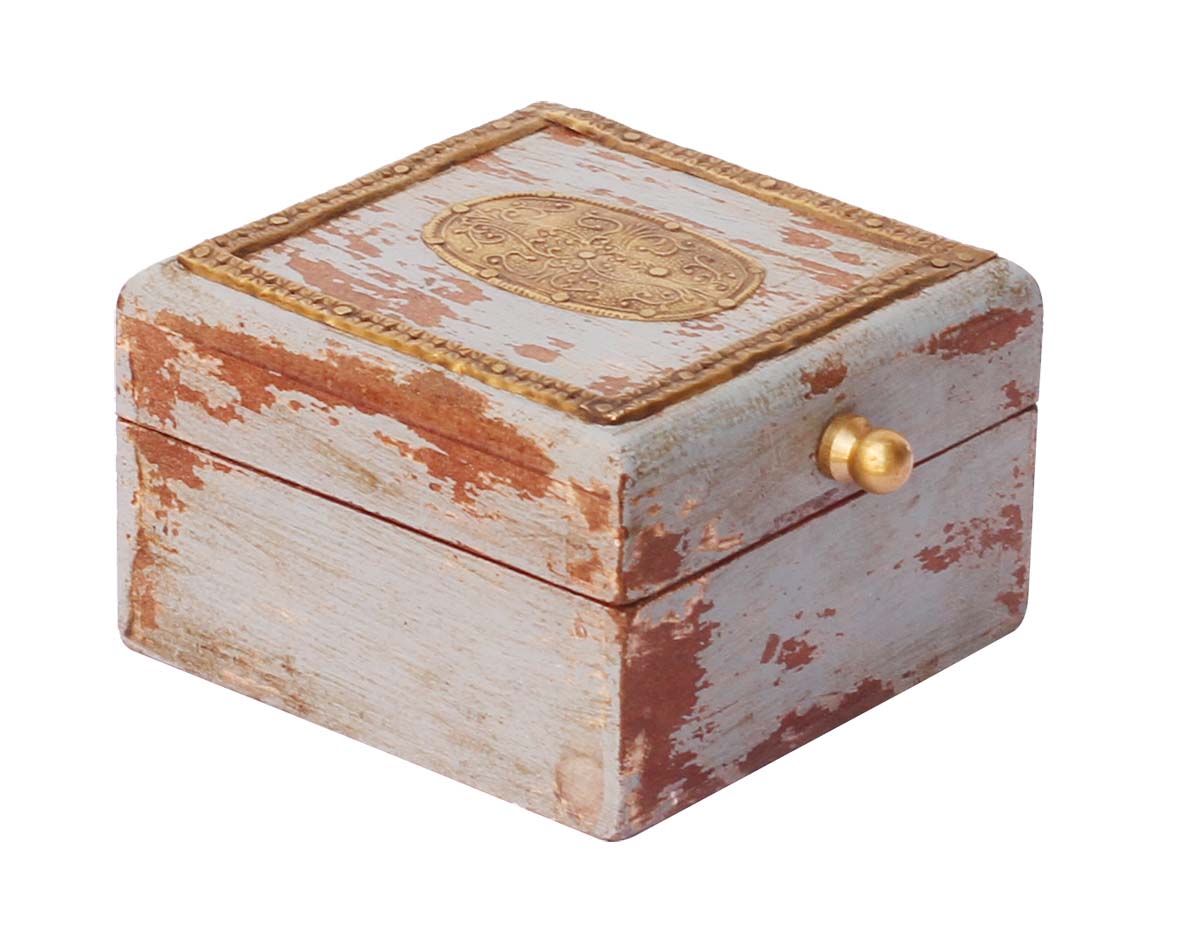 Hand-Crafted 4” Wooden Jewelry Box in Bulk - Wholesale Handmade Distressed Maroon Jewelry Box/Trinket Box in Distressed Light-Blue Color Decorated with Golden Brass Inlay Motifs from India