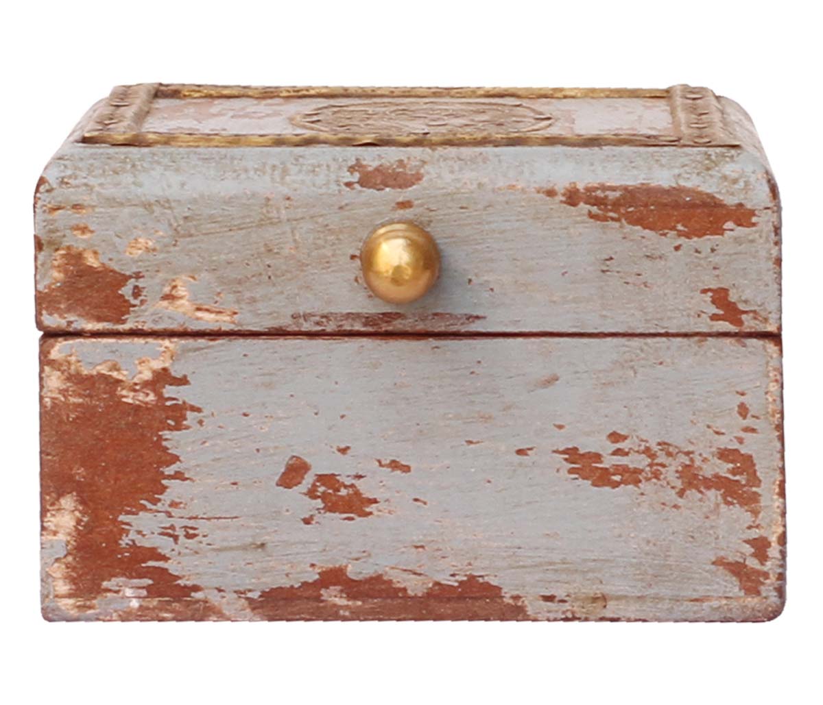 Hand-Crafted 4” Wooden Jewelry Box in Bulk - Wholesale Handmade Distressed Maroon Jewelry Box/Trinket Box in Distressed Light-Blue Color Decorated with Golden Brass Inlay Motifs from India