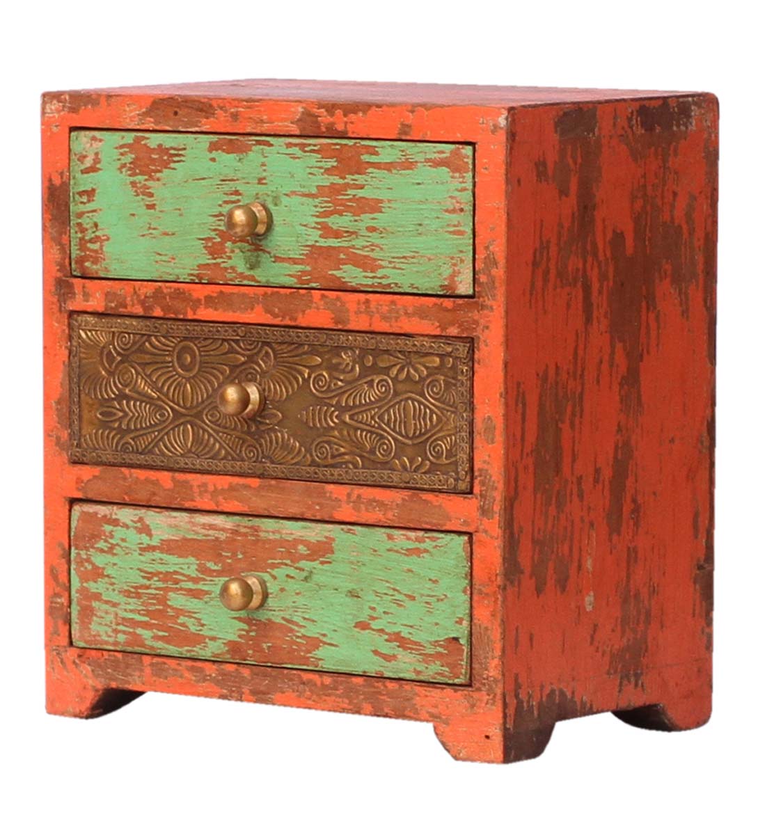 Bulk Buy 11” Wooden Black Jewelry Box - Wholesale Hand-Crafted Jewelry Box/Trinket Box in Orange & Green Color with 3 Chest Drawers Decorated with Embossed Brass Sheet from India