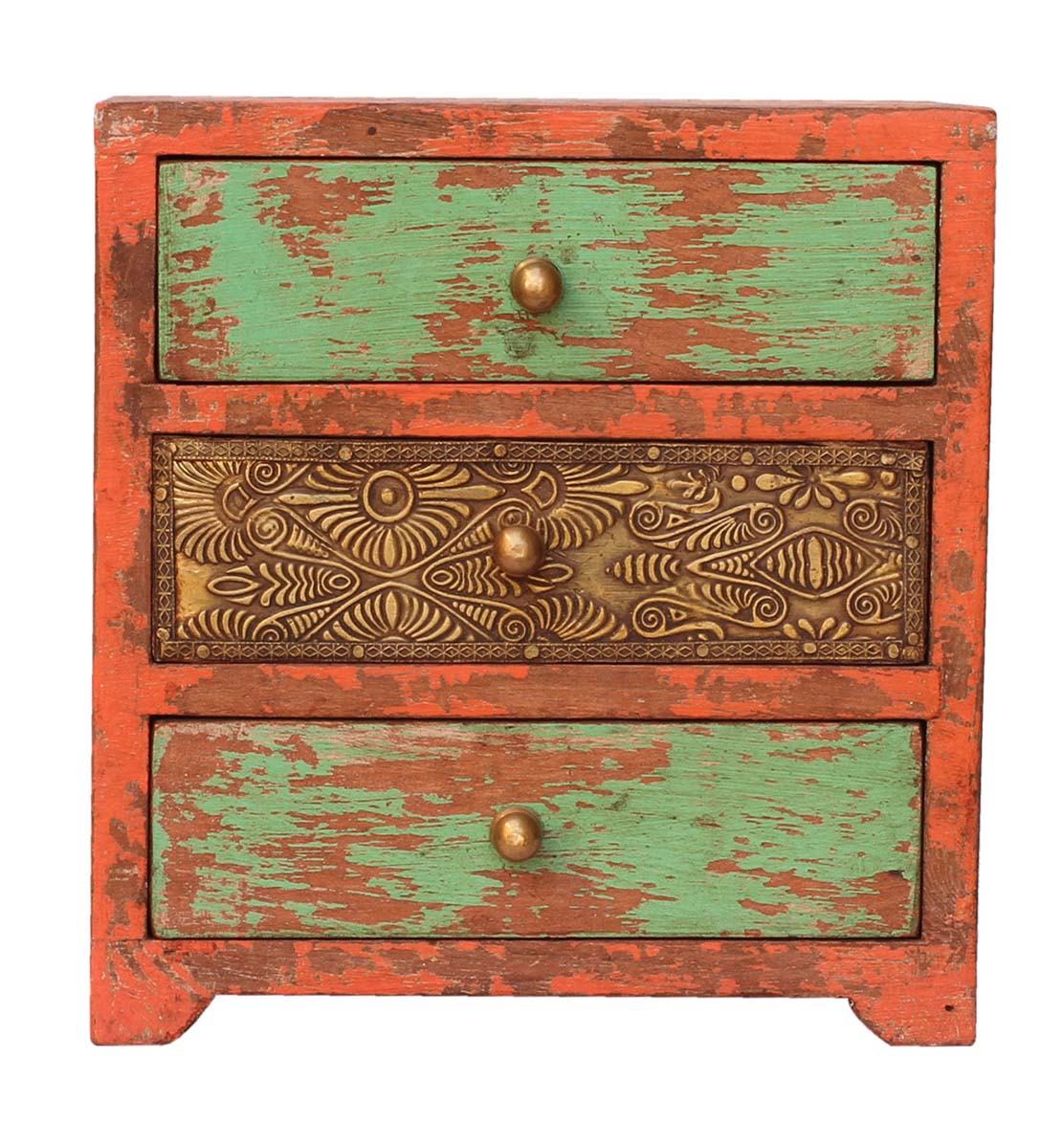 Bulk Buy 11” Wooden Black Jewelry Box - Wholesale Hand-Crafted Jewelry Box/Trinket Box in Orange & Green Color with 3 Chest Drawers Decorated with Embossed Brass Sheet from India
