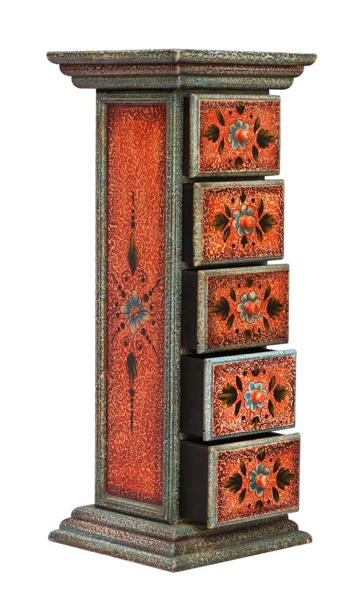 Source 28” Wooden Jewelry Box in Bulk - Wholesale Handmade Jewelry Box/Trinket Box in Distressed Orange & Blue Color with 5 Chest Drawers Decorated with Traditional-Look Motifs from India