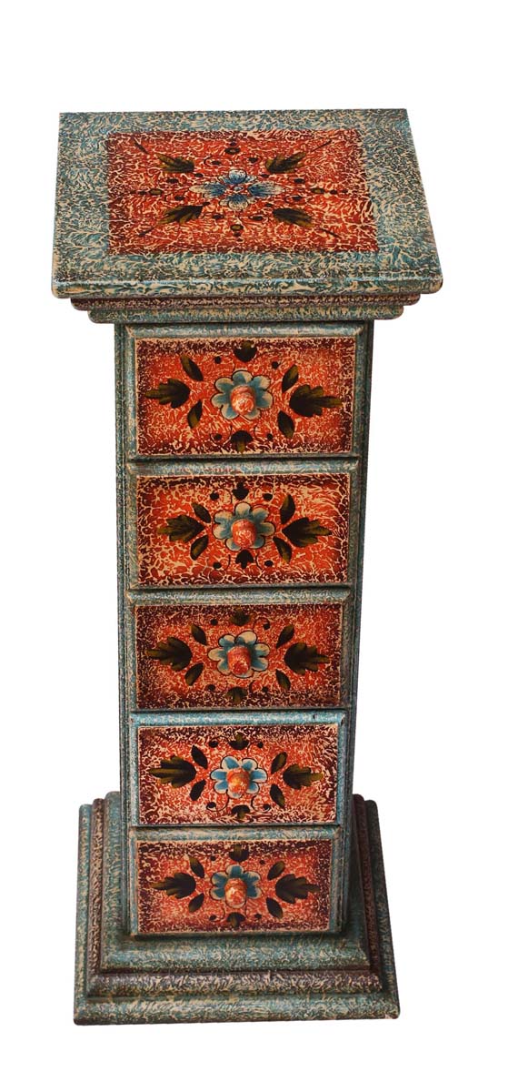 Source 28” Wooden Jewelry Box in Bulk - Wholesale Handmade Jewelry Box/Trinket Box in Distressed Orange & Blue Color with 5 Chest Drawers Decorated with Traditional-Look Motifs from India