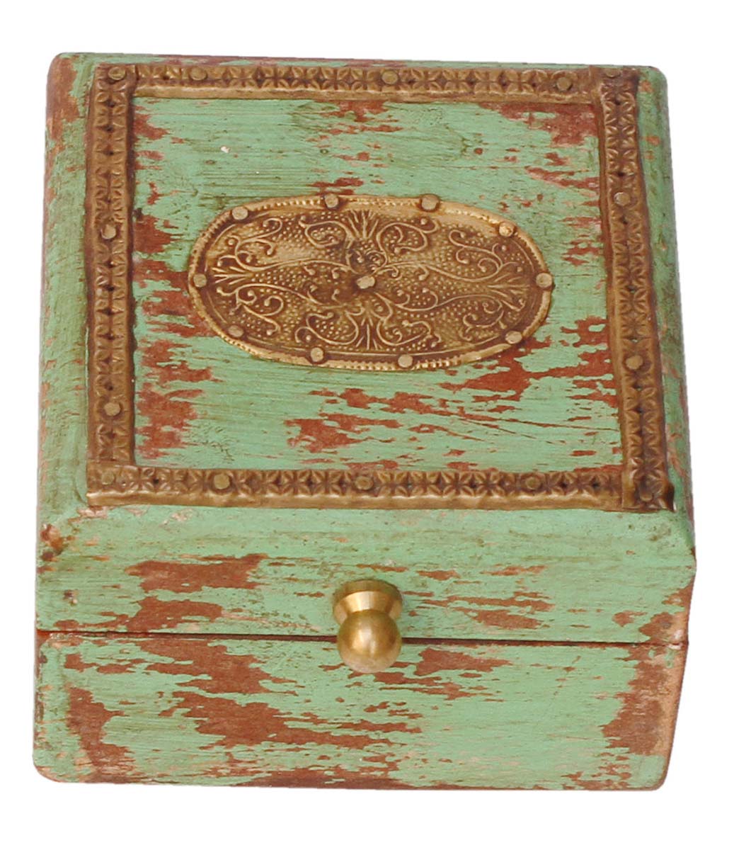 Wholesale 4” Wooden Pastel-Green Colored Jewelry Box in Bulk - Source Handmade Jewelry Box/Trinket Box with Golden Brass Inlay Work from India