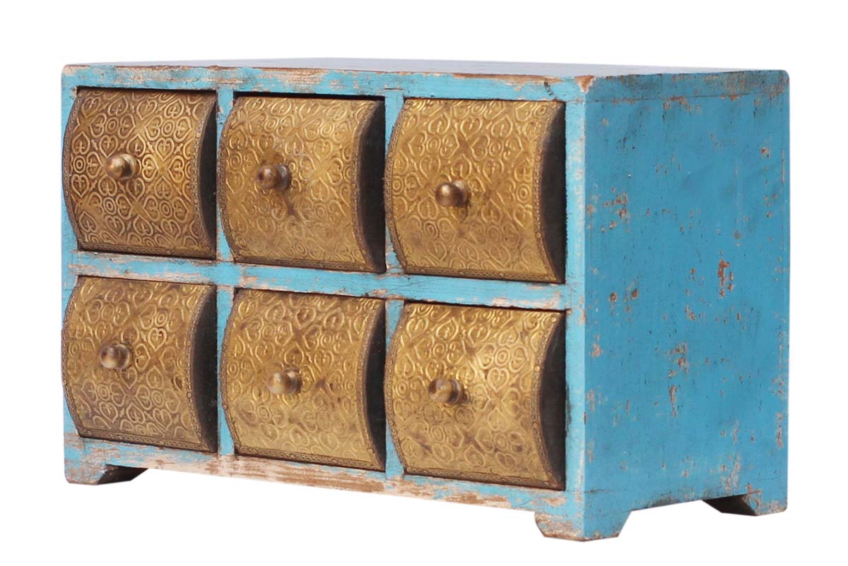 Bulk Buy 12” Wooden Black Jewelry Box - Wholesale Handmade Jewelry Box/Trinket Box in Pastel-Blue Color with 6 Chest Drawers Decorated with Brass Work and Golden Knobs from India