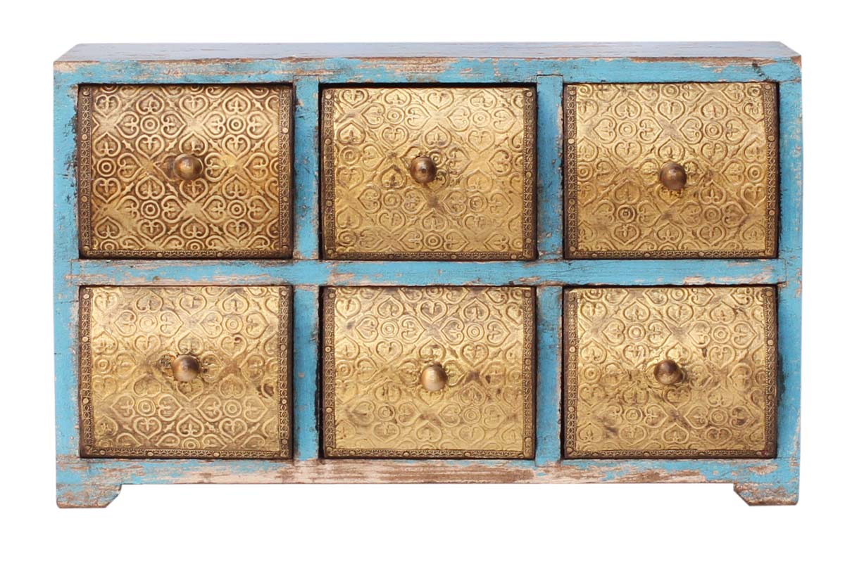 Bulk Buy 12” Wooden Black Jewelry Box - Wholesale Handmade Jewelry Box/Trinket Box in Pastel-Blue Color with 6 Chest Drawers Decorated with Brass Work and Golden Knobs from India