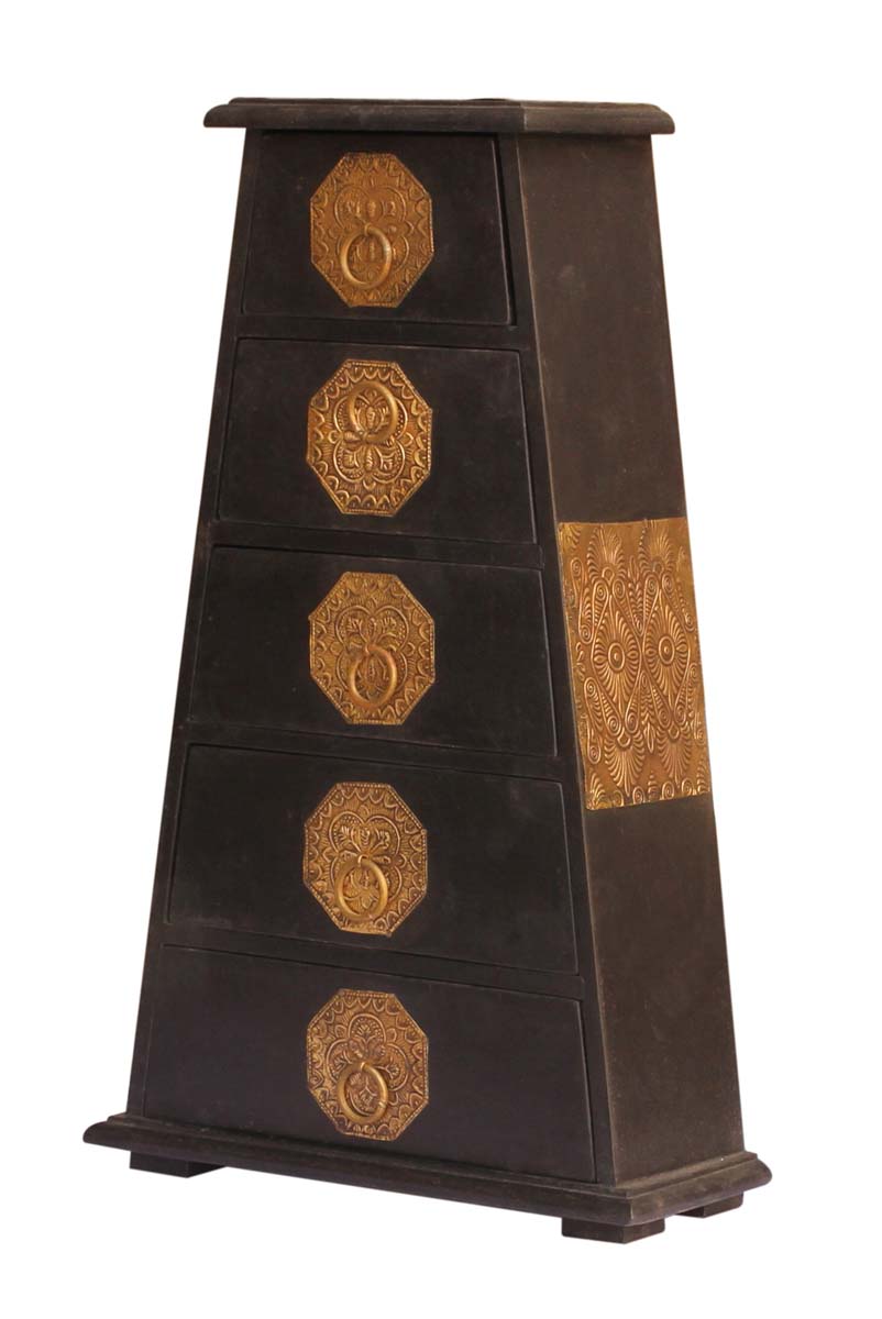 Source 16” Wooden Trapezoid-Shaped Brown Jewelry Box in Bulk - Wholesale Handmade Distressed Maroon Jewelry Box/Trinket Box with 5 Chest Drawers Decorated with Golden Brass Inlay Work from India