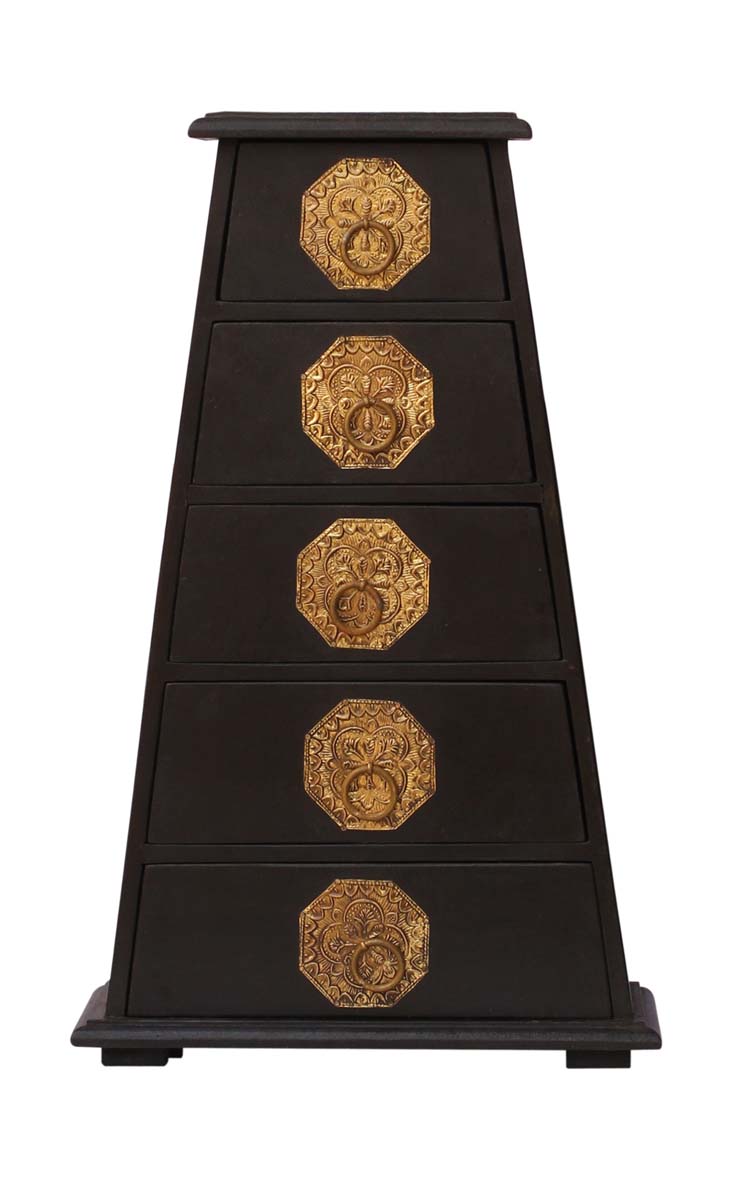 Source 16” Wooden Trapezoid-Shaped Brown Jewelry Box in Bulk - Wholesale Handmade Distressed Maroon Jewelry Box/Trinket Box with 5 Chest Drawers Decorated with Golden Brass Inlay Work from India