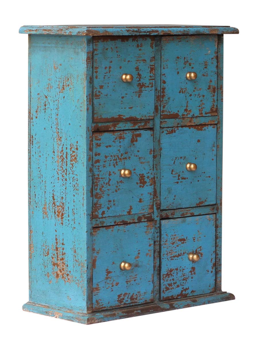 Wholesale 9” Wooden Jewelry Box in Bulk - Source Hand-Crafted Jewelry Box/Trinket Box in Pastel-Blue Color with 6 Chest Drawers Decorated with Golden Knobs from India