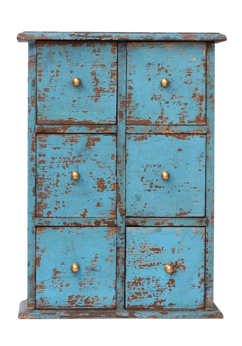 Wholesale 9” Wooden Jewelry Box in Bulk - Source Hand-Crafted Jewelry Box/Trinket Box in Pastel-Blue Color with 6 Chest Drawers Decorated with Golden Knobs from India