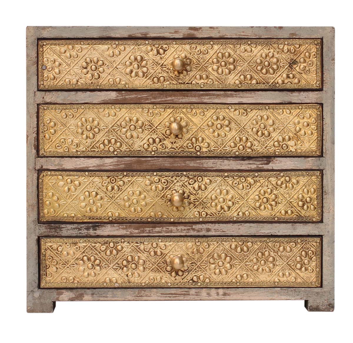 Wholesale Wooden Jewelry Box with 4 Chest Drawers in Gray Color with 4 Chest Drawers Decorated with Embossed Brass Sheets and Golden Knobs - Buy Bulk Rustic Look Storage/Keepsake Box - Ethnic Look Trinket Boxes From India