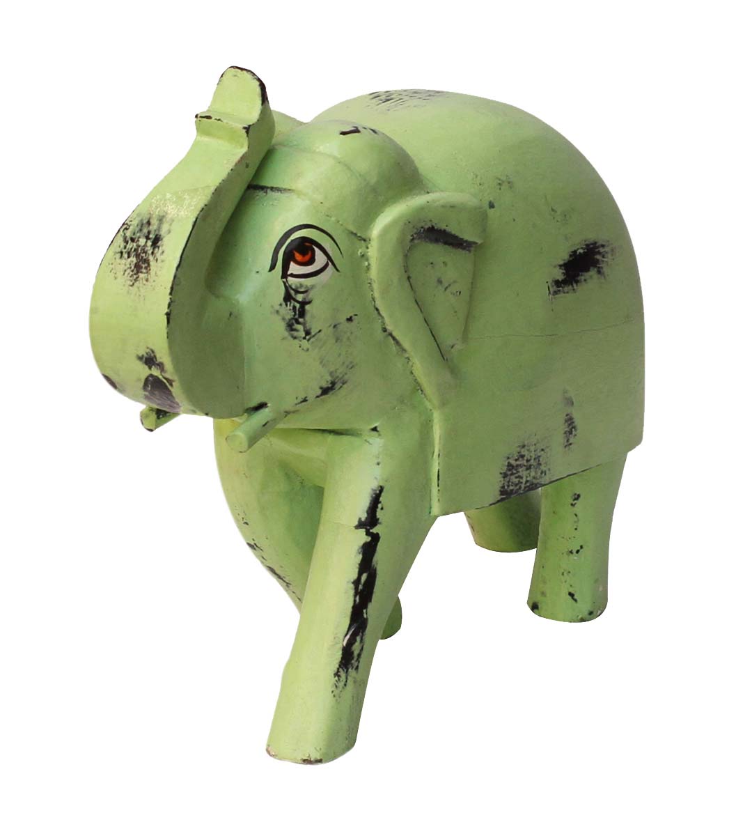 Wholesale Hand-Carved 8” Distressed-Look Pastel Green Colored Statue / Sculpture of Trunk-Up Elephant in Mango-Wood – Antique-Look Home Décor from India