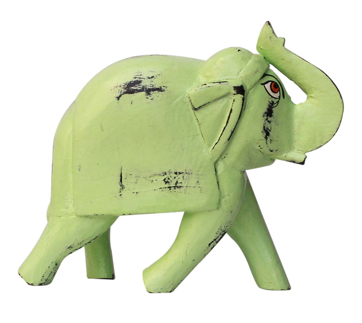 Wholesale Hand-Carved 8” Distressed-Look Pastel Green Colored Statue / Sculpture of Trunk-Up Elephant in Mango-Wood – Antique-Look Home Décor from India