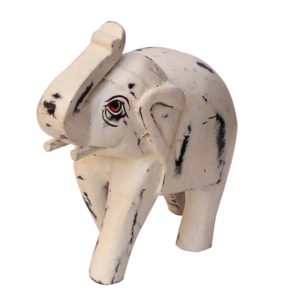 Wholesale Hand-Carved 6” Distressed-Look White Colored Statue / Sculpture of Trunk-Up Elephant in Mango-Wood – Antique-Look Home Décor from India