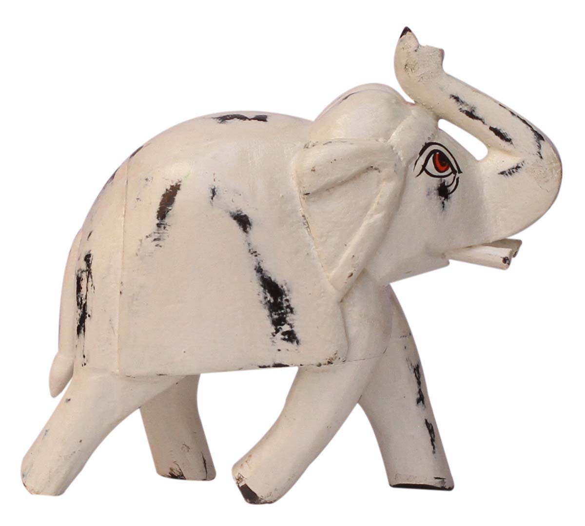 Wholesale Hand-Carved 6” Distressed-Look White Colored Statue / Sculpture of Trunk-Up Elephant in Mango-Wood – Antique-Look Home Décor from India
