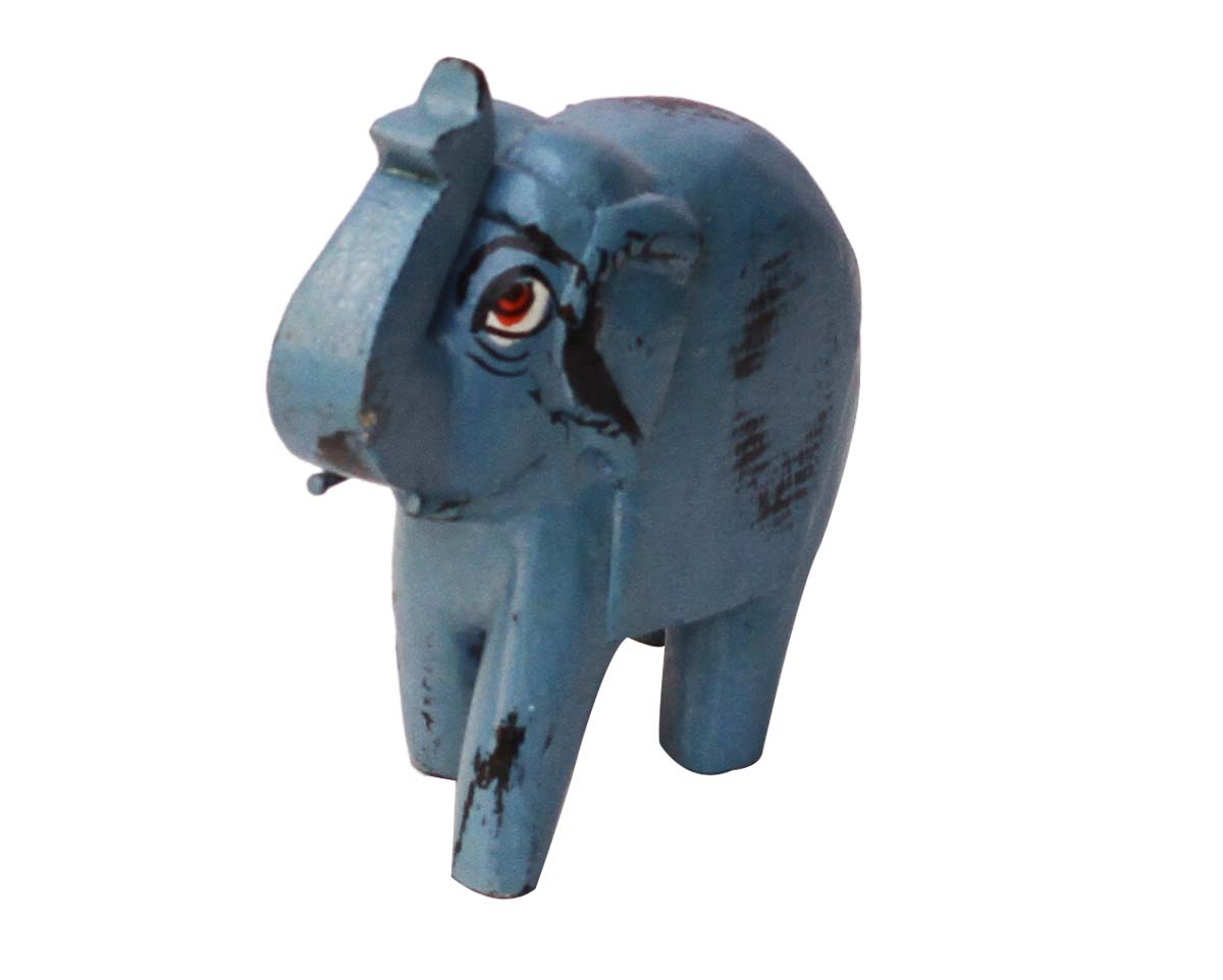 Wholesale Hand-Carved 4” Distressed-Look Pastel-Blue Colored Statue / Sculpture of Trunk-Up Elephant in Mango-Wood – Antique-Look Home Décor from India