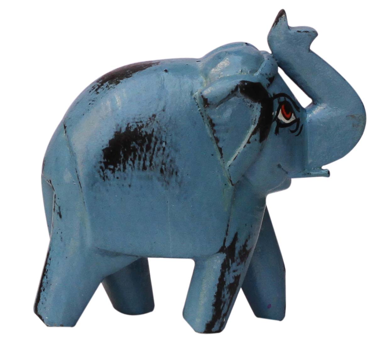 Wholesale Hand-Carved 4” Distressed-Look Pastel-Blue Colored Statue / Sculpture of Trunk-Up Elephant in Mango-Wood – Antique-Look Home Décor from India