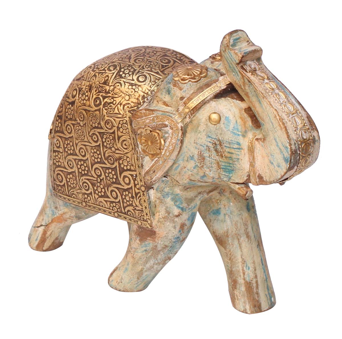 Wholesale 6” Trunk up Elephant Figurine - Hand-Crafted Distressed-Look Off-White Statue/Sculpture of Trunk-Up Elephant in Wood & Decorated with Brass Work - Antique-look Statues for Office/Home Decor
