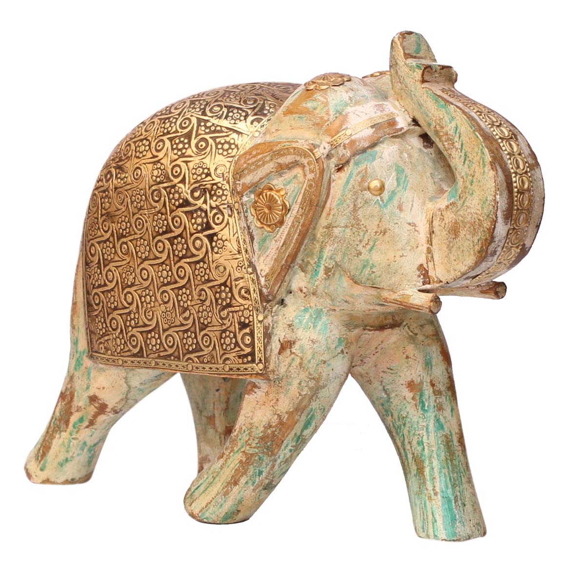 Bulk Wholesale Hand-Crafted 8” Distressed-Look White & Blue Statue / Sculpture of Trunk-Up Elephant in Wood & Decorated with Brass Work – Antique-Look Home Décor from India