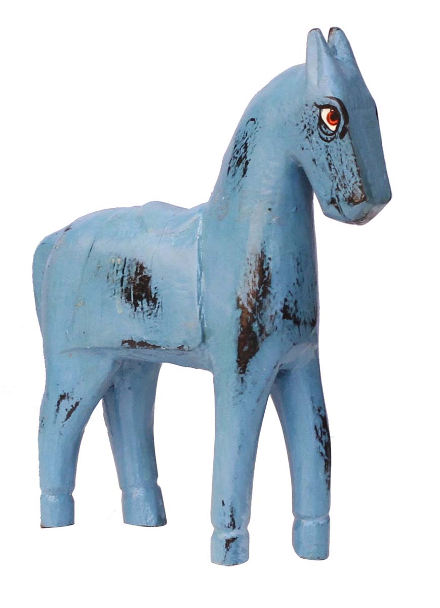 Bulk Wholesale Hand-Crafted 8” Distressed-Look Pastel Blue Colored Statue / Sculpture of Horse in Wood – Antique-Look Home Décor from India