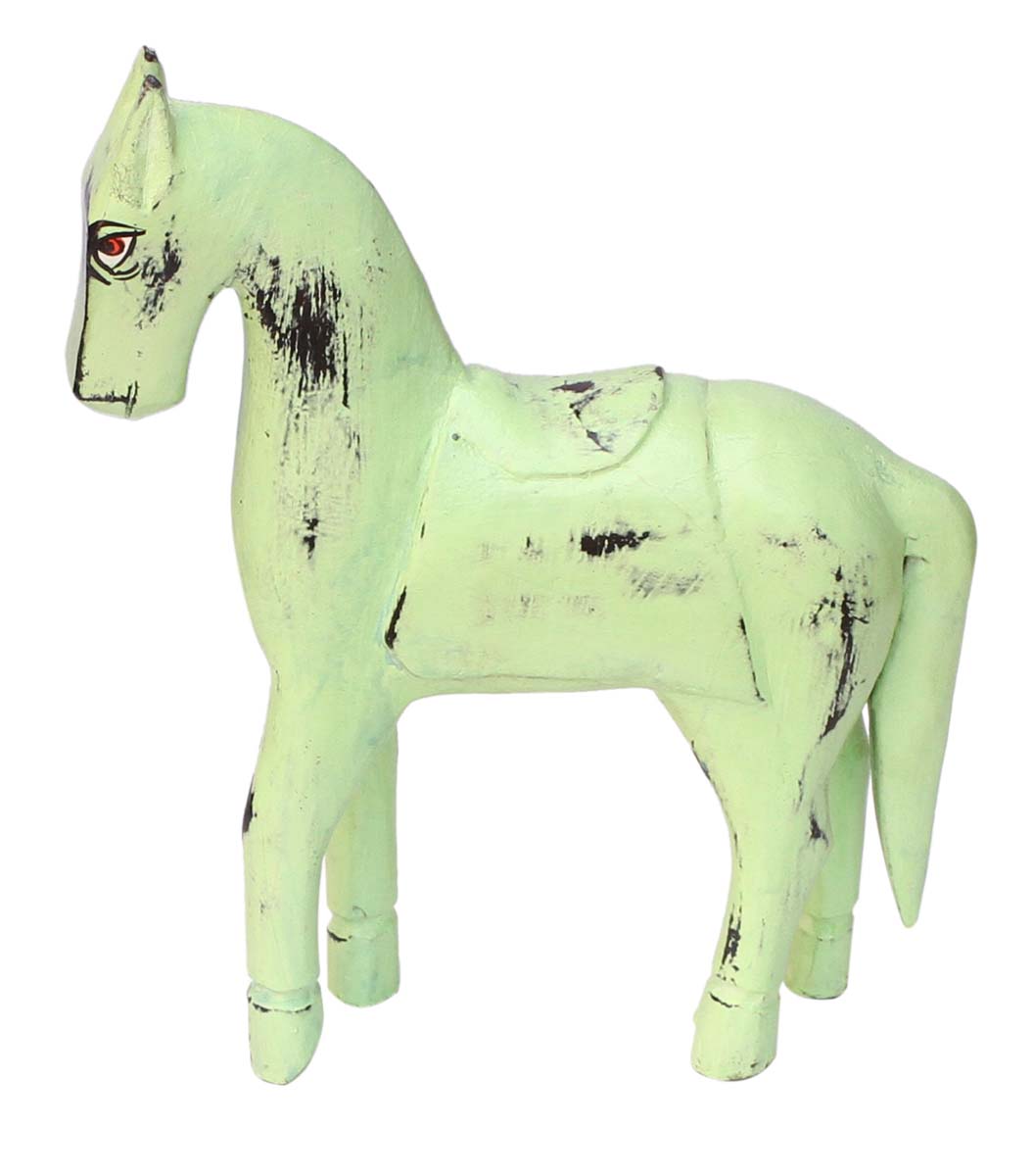 Wholesale Hand-Carved 10.5” Distressed-Look Pastel Green Colored Statue / Sculpture of Horse in Mango-Wood – Antique-Look Home Décor from India