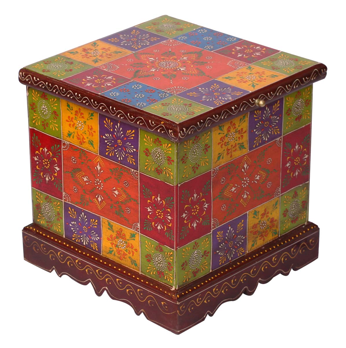 Bulk Wholesale Hand-Crafted 12” Wood Decorative Storage Box in Bright Red & More Colors with Traditional-Look Cone-Painting Art – Antique-Look Home Décor
