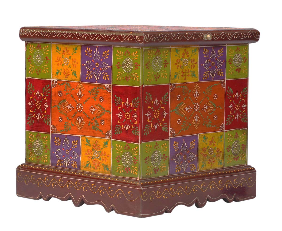 Bulk Wholesale Hand-Crafted 12” Wood Decorative Storage Box in Bright Red & More Colors with Traditional-Look Cone-Painting Art – Antique-Look Home Décor