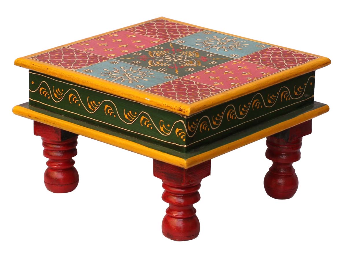 Bulk Wholesale Handmade 12” Wood Chowki Seat Decorated with Old World Cone Painting Art in Red, Pink, Blue, Green with Traditional-Look Motifs – Antique-Look Sitting Tables from India