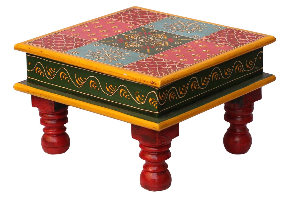 Bulk Wholesale Handmade 15” Wood Chowki Seat Decorated with Old World Cone Painting Art in Red, Pink, Blue, Green with Traditional-Look Motifs – Antique-Look Sitting Tables from India