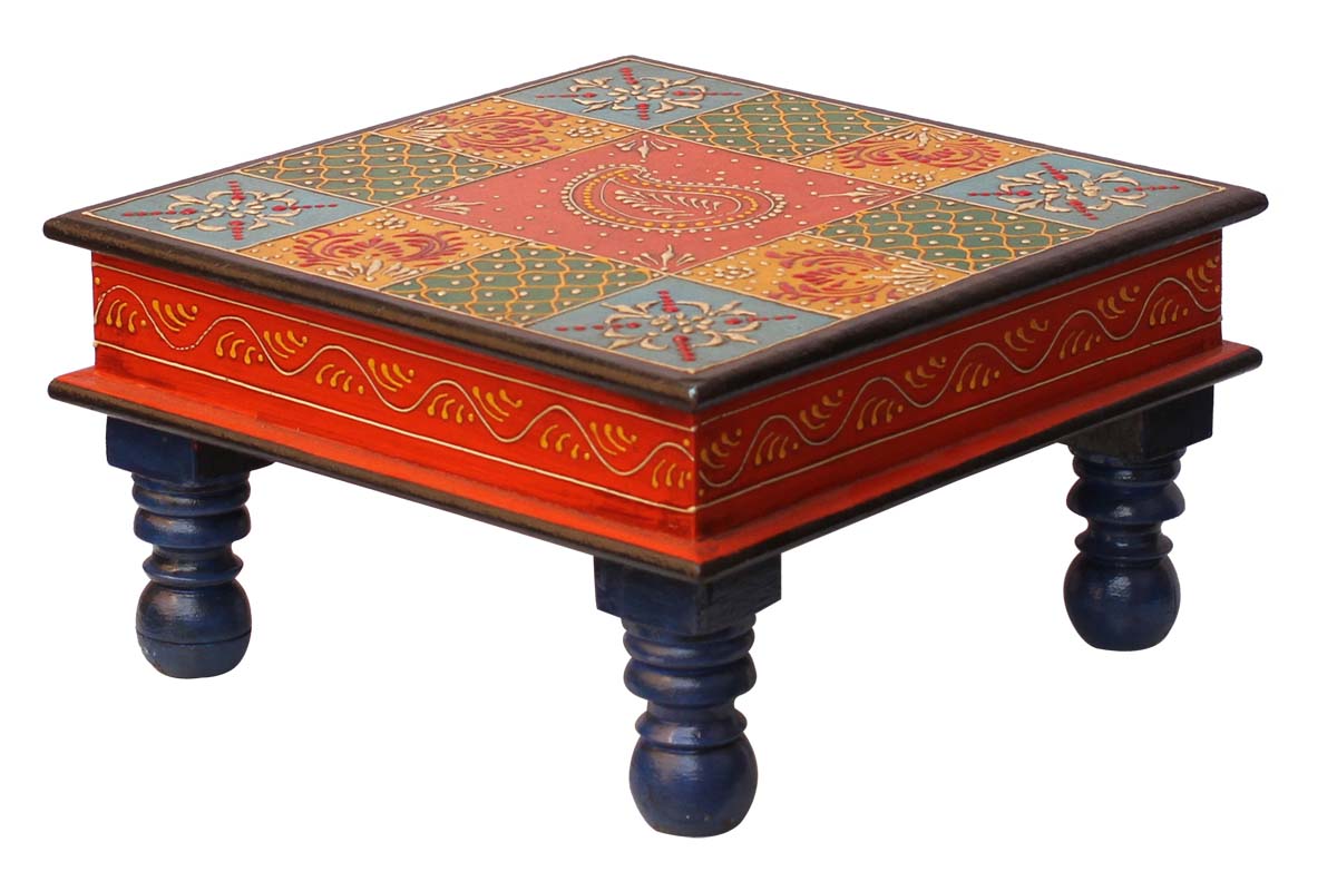 Bulk Wholesale Handmade 12” Wood Chowki Seat Decorated with Cone-Painting Art in Colorful Motifs – Antique-Look Sitting Tables from India