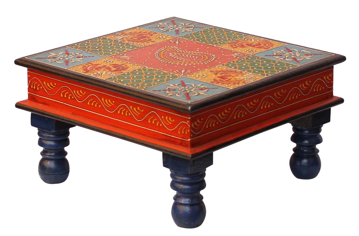 Bulk Wholesale Handmade 15” Wood Chowki Seat Decorated with Old World Cone Painting Art in Orange, Green, Blue, Yellow with Traditional-Look Motifs – Antique-Look Sitting Tables from India