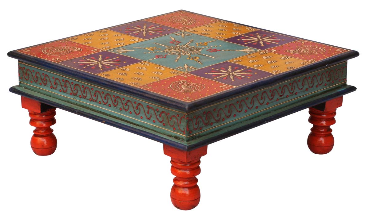 Bulk Wholesale Handmade 12” Wood Chowki Seat Decorated with Old World Cone Painting Art in Blue, Yellow, Purple, Orange with Traditional-Look Motifs – Antique-Look Sitting Tables from India