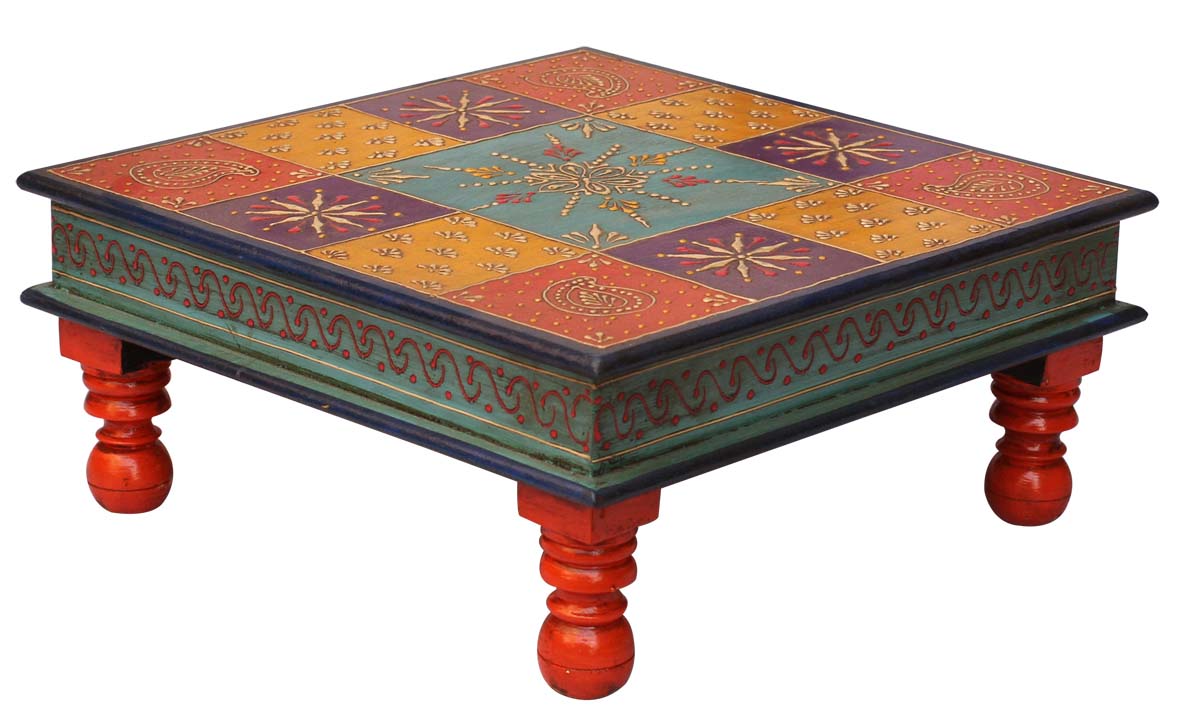 Bulk Wholesale Handmade 15” Wood Chowki Seat Decorated with Old World Cone Painting Art in Blue, Yellow, Purple, Orange with Traditional-Look Motifs – Antique-Look Sitting Tables from India